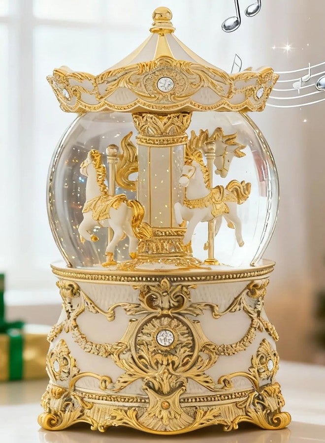 صندوق موسيقي على شكل كرة ثلجية عتيقة مع حصان دوار ذهبي - زينة عيد الميلاد الكلاسيكية الموسيقية التي تعمل بالبطارية، مناسبة للأطفال والنساء وهواة جمع التحف - Image 1